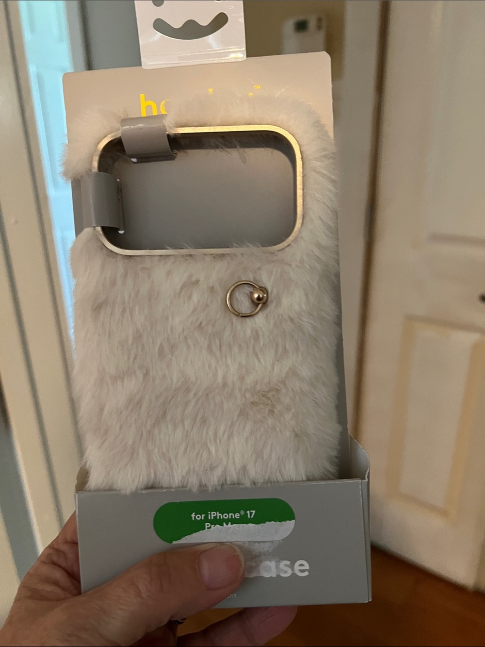 heyday Plush Faux Fur Phone Case with Gold Ring - Cream. iphone 17 pro max